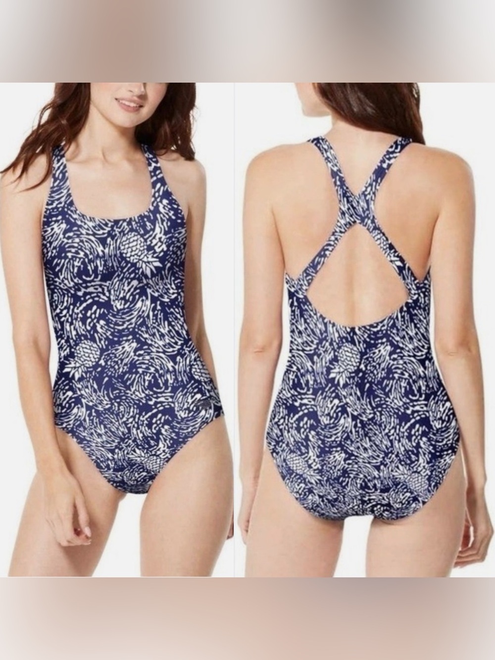 NWT Speedo Women's Ultraback Blue Pineapple One Piece Swimming Suit Size XXL